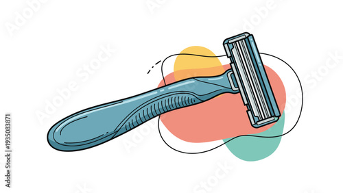 Modern blue manual shaving razor for personal grooming isolated on a white background with abstract colorful shapes behind it.