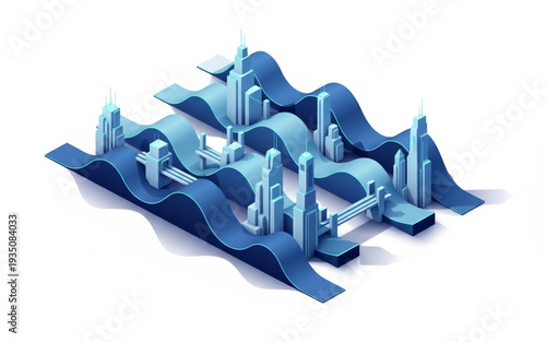 Isometric cityscape with futuristic skyscrapers and wavy terrain viewed from above