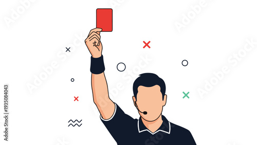 Close-up of a soccer referee's hand holding up a red card against a white background with minimalist sports-related icons.