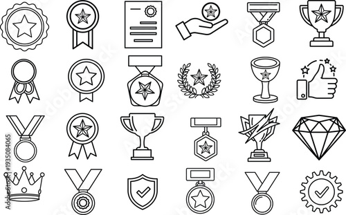 A Set of  vector line icons of awards and achievements on transparent background