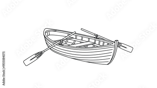 Simple black and white line drawing of a wooden rowboat with two oars resting on the sides, suitable for coloring or minimal design.