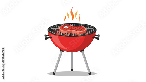 Round red outdoor charcoal grill with a thick beef steak cooking over hot flames in a flat vector illustration on a white background.