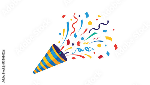 Vibrant party popper exploding with colorful confetti and streamers celebrating a festive occasion on a white background.