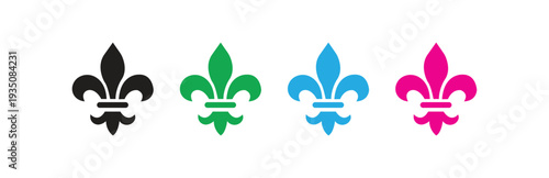 Set of fleur de lis symbols representing French heraldry, royal emblem, and elegant decorative design elements perfect for historical, royal, and modern graphic design projects.