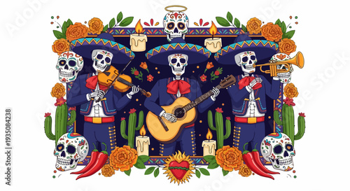Day of the Dead Mariachi Skeletons Playing Music Illustration