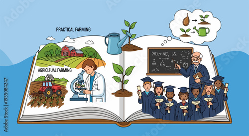 Agricultural farming education illustration, practical farming pop-up book concept, science and agriculture learning for students and graduates