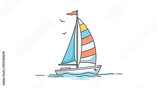 Beautiful sailboat with colorful striped sails gliding peacefully on gentle blue waves under a clear sky with birds.
