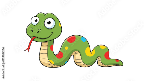 Friendly green cartoon snake with colorful polka dots smiling happily and showing its red tongue on a white background.