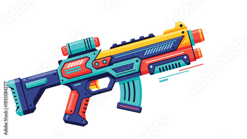 Futuristic toy water gun or laser blaster designed with vibrant blue orange and yellow colors in a modern flat vector style.