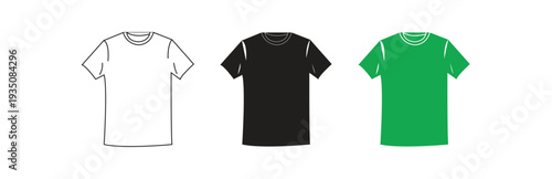 Multiple variants of t-shirt flat icon vector set featuring a simple outline, solid black, and vibrant green blank casual apparel, isolated on transparent background.