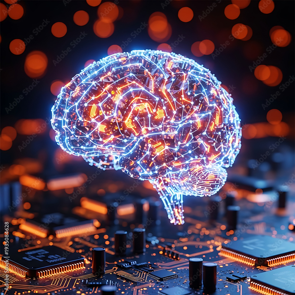 Obraz premium A glowing digital brain sits atop a computer circuit board with orange lights in the background.