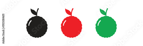 A set of three stylized icons representing a raspberry, with one black, one red, and one green silhouette, isolated on a white background for versatile use in graphic design.