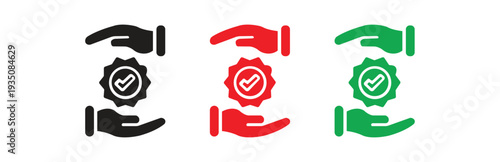 a set of three certified badge icons with checkmarks held by open hands in black red and green isolated on a white background for quality assurance and verification concepts