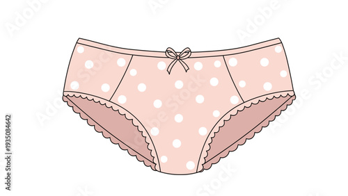 Comfortable pink women's underwear with white polka dots and a small bow tie on a plain white background in vector style.