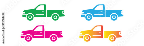 set of colorful pickup truck icons in a simple flat design style isolated on a white background representing vehicles and transportation