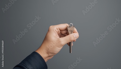 Overhead shot of a hand gripping a screw wrench against a gray backdrop