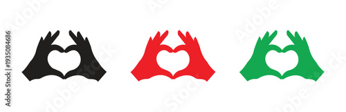 Multiple variants of hands forming a loving heart gesture, symbolizing affection, unity, and support in bold black, vibrant red, and classic green, isolated on transparent background. (177 characters)