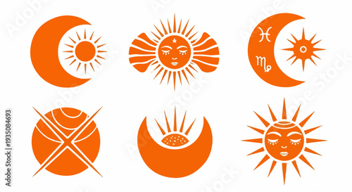 Set of 6 Orange Sun and Moon Celestial Icons Vector