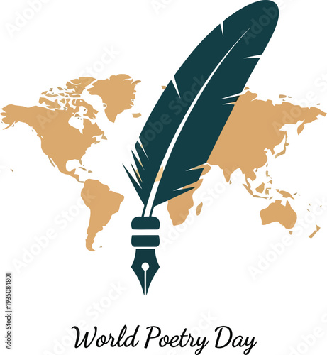 World Poetry Day Concept with Quill Pen Nib and Golden Earth Map Silhouette