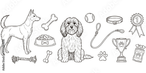 Flat vector illustration of dog care training essentials, pet silhouettes with food bowl leash collar toys bones treats ribbon trophy