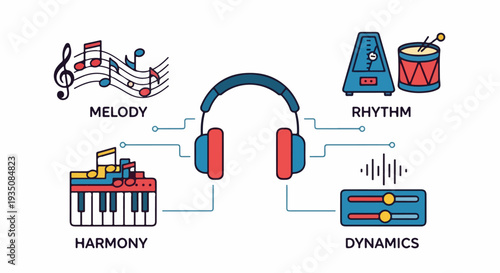 Music elements infographic with headphones, notes, metronome, keyboard, and sound controls vector