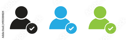 Set of user icons with checkmarks in black, blue, and green, isolated on a white background representing profile confirmation and account verification