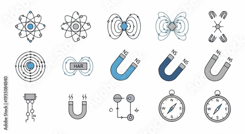 Set of 15 Science and Magnetism Line Icons Vector