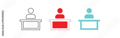 A set of three reception desk icons showing a person behind a counter in outline, solid red and solid cyan, isolated on a white background, suitable for various professional and administrative themes.