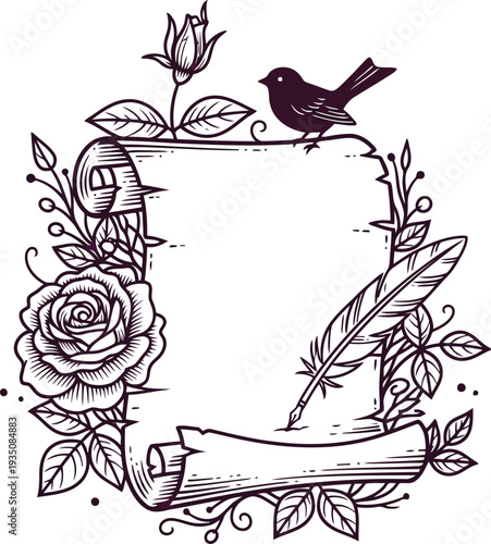 Vintage Parchment Scroll with Rose Floral Border Bird and Quill Pen Illustration