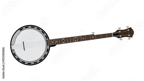 Traditional musical instrument banjo with its characteristic round body and long fretboard on a clean white background in vector.
