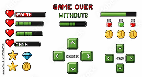Pixel Art 2D Video Game User Interface Elements Set