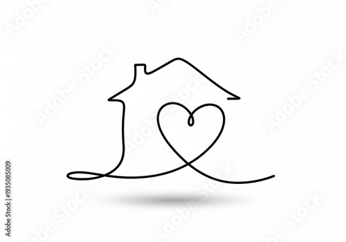 Simple line art of a house with a heart symbol and shadow  