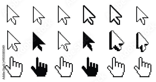 Mouse click cursor icons featuring hand pointer and classic arrow forms, pixel style cursor symbol set, modern digital interface elements, clean flat vector collection suitable for website navigation