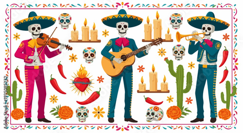 Day of the Dead Mariachi Skeletons with Candles and Skulls Vector Illustration
