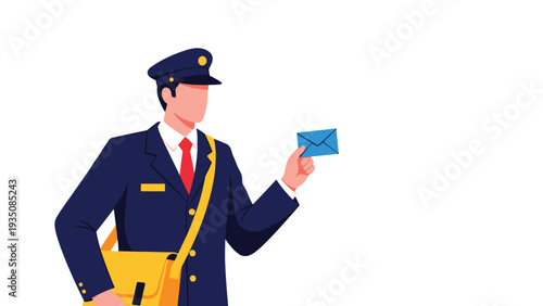 Mail carrier in professional blue uniform delivering an envelope while carrying a yellow messenger bag on a white background.