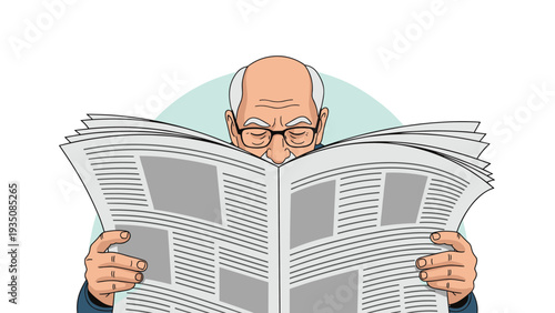 Senior man with glasses intently reading a newspaper featuring various articles and layouts on a pale blue circular background.