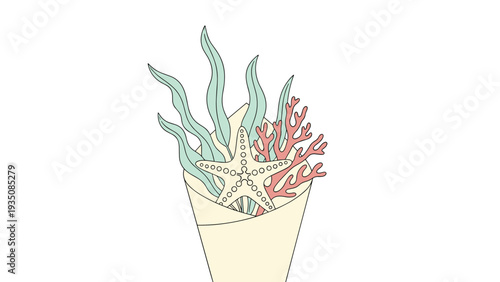 Ocean themed collection of a starfish coral and seaweed stalks beautifully arranged inside a paper cone as a unique gift.