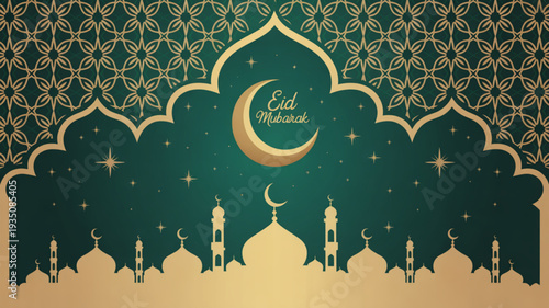 Eid mubarak islamic celebration background with mosques and crescent moon in gold and green tones for ramadan festivities