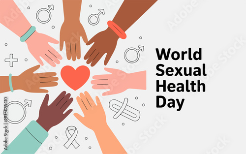 Diverse hands forming a circle around a red heart with health symbols for world sexual health day