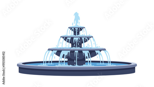 Elegant three tiered stone water fountain with cascading blue water jets falling into a large circular pool at the bottom.