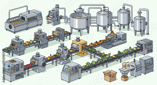 Isometric Food Processing and Packaging Production Line Illustration