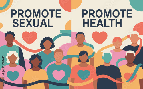 Diverse group of people promoting health and wellness with hearts and ribbons