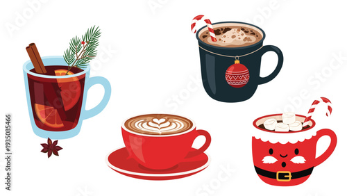 Variety of festive hot drinks including mulled wine latte and hot chocolate with holiday decorations like candy canes and ornaments.