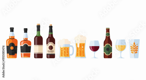 Alcoholic Beverages Assortment Set with Beer, Wine, and Liquor Bottles and Glasses