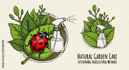 Natural Garden Care Concept with Ladybug, Green Leaves, and Spray Bottle Vector Illustration