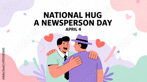 Two men hugging for national hug a newsperson day on april 4 with colorful hearts and plants
