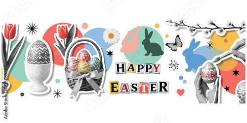 Flat vector illustration of Easter holiday design, decorated eggs basket rabbits tulips butterflies spring flowers festive Happy Easter artwork