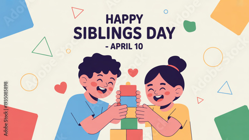 Cartoon siblings building colorful blocks together celebrating siblings day on april 10 surrounded by shapes and hearts on a light background