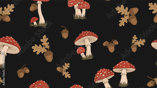 Decorative seamless pattern of red mushrooms and brown acorns with oak leaves scattered across a deep black background.