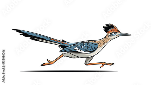 Fast roadrunner bird in full running motion with its long tail extended and feet hitting the ground in a desert landscape.